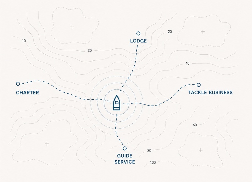 Nautical chart with a fishing operation at the center connected by routes to charter, lodge, tackle business, and guide service.