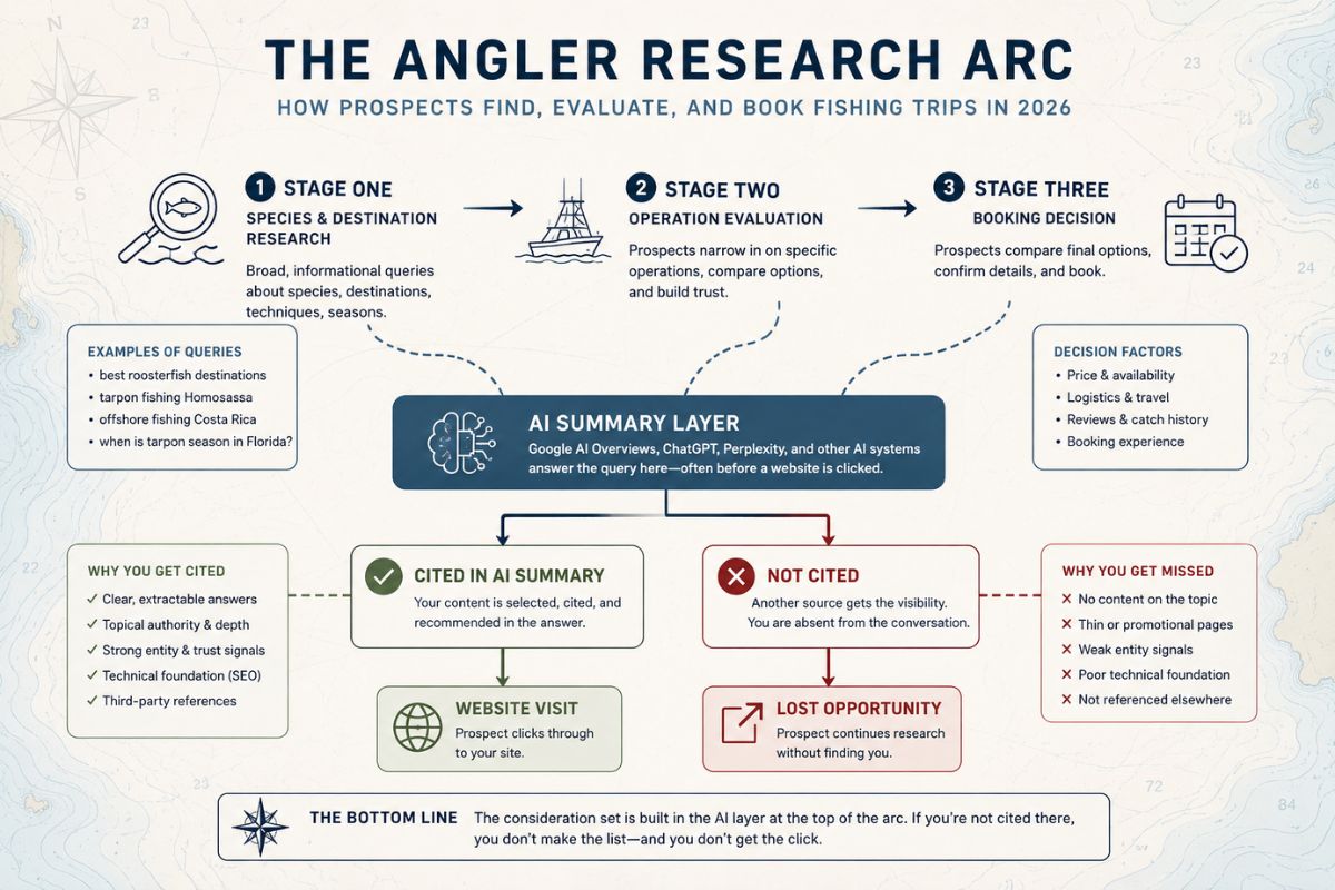Diagram showing how anglers research fishing trips through AI summaries, operator evaluation, and booking decisions.